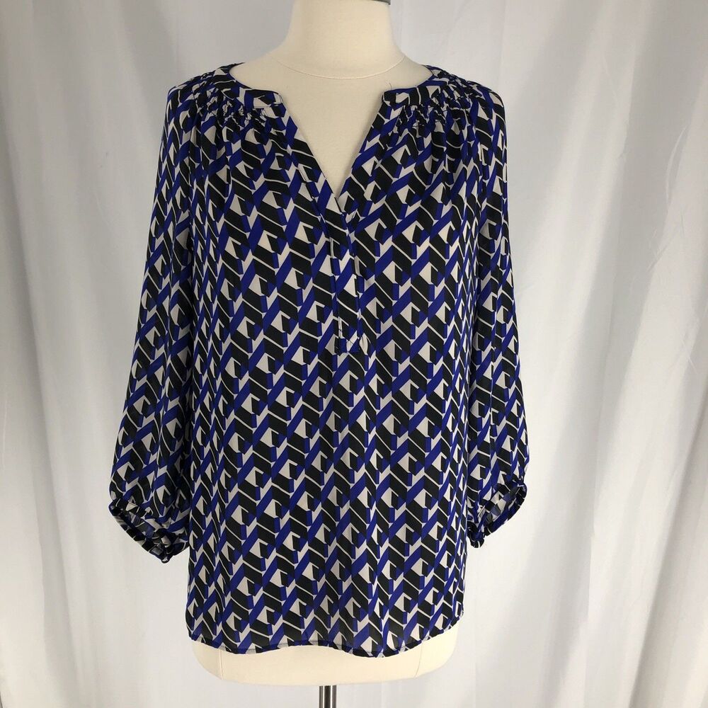 Banana Republic Blue White Black Geometric V-Neck 3/4 Sleeve Blouse, XS